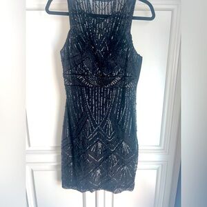 Sue Wong Black Sequin Halter Mini Dress